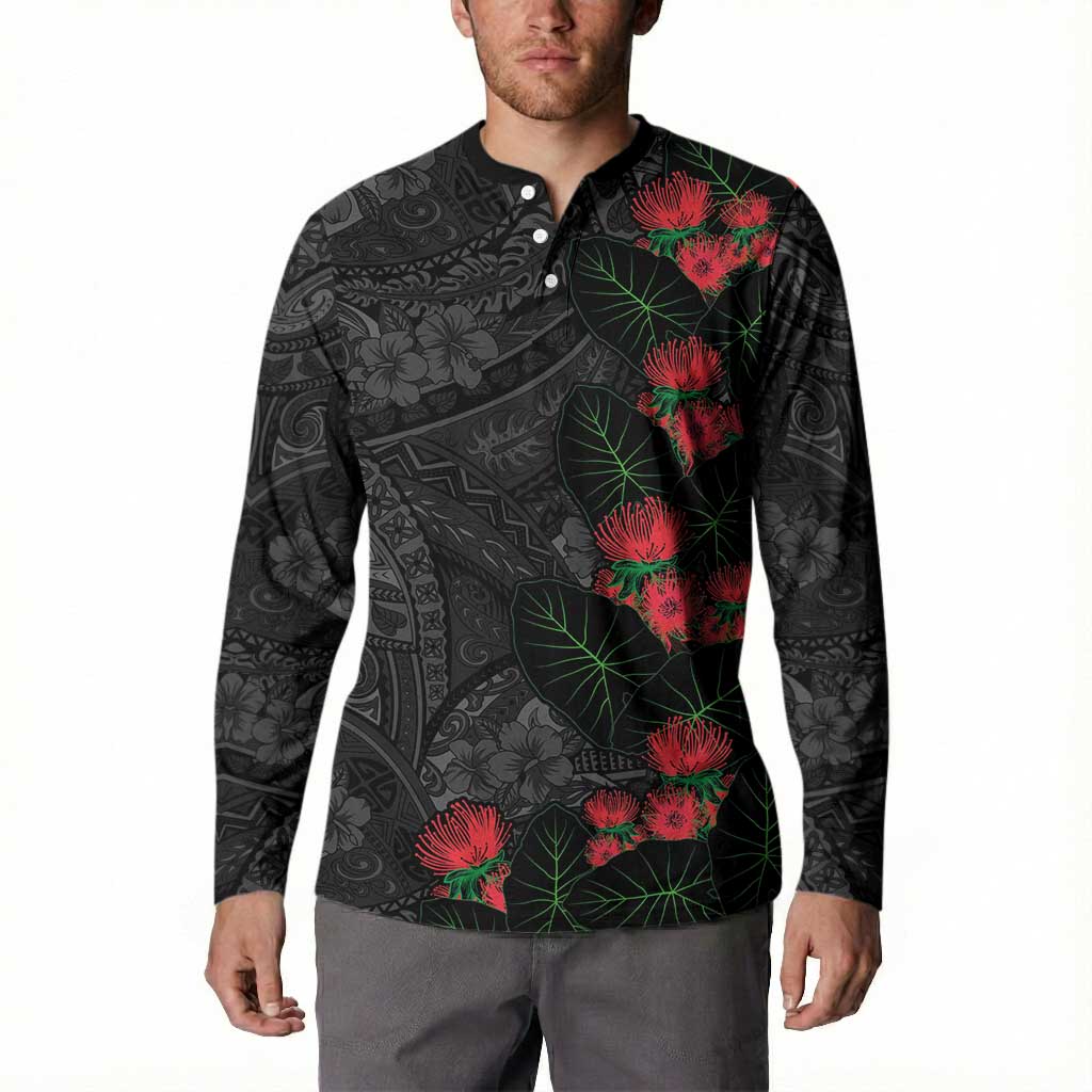Hawaiian Taro Leaves and Ohia Lehua Button Sweatshirt Polynesian Tribal Art Tropical Plants Motifs Grayscale LT03 - Polynesian Pride