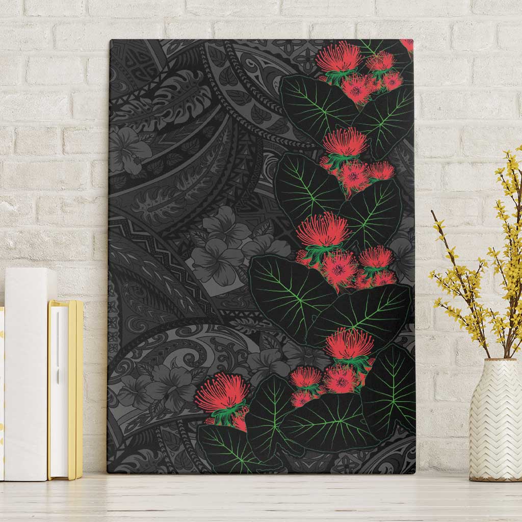 Hawaiian Taro Leaves and Ohia Lehua Canvas Wall Art Polynesian Tribal Art Tropical Plants Motifs Grayscale