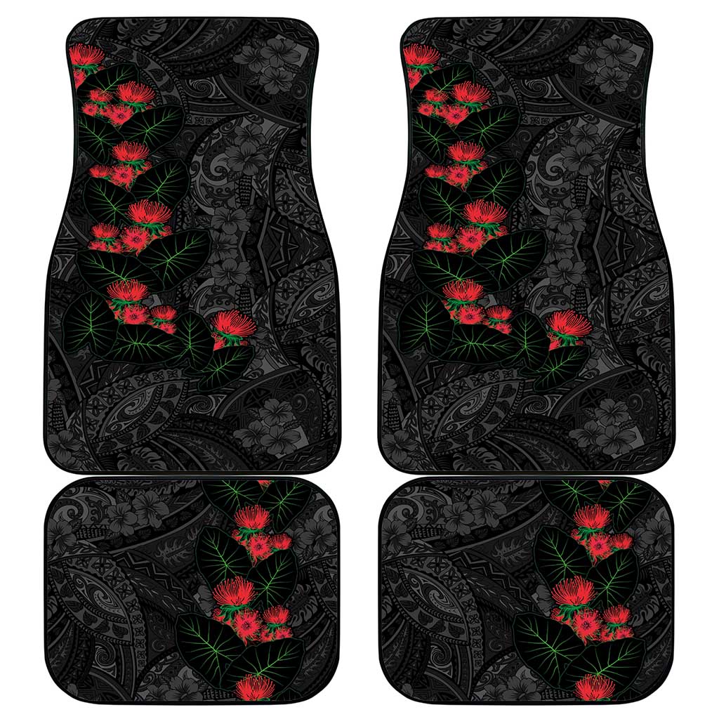 Hawaiian Taro Leaves and Ohia Lehua Car Mats Polynesian Tribal Art Tropical Plants Motifs Grayscale