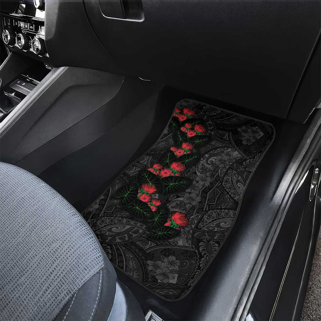 Hawaiian Taro Leaves and Ohia Lehua Car Mats Polynesian Tribal Art Tropical Plants Motifs Grayscale