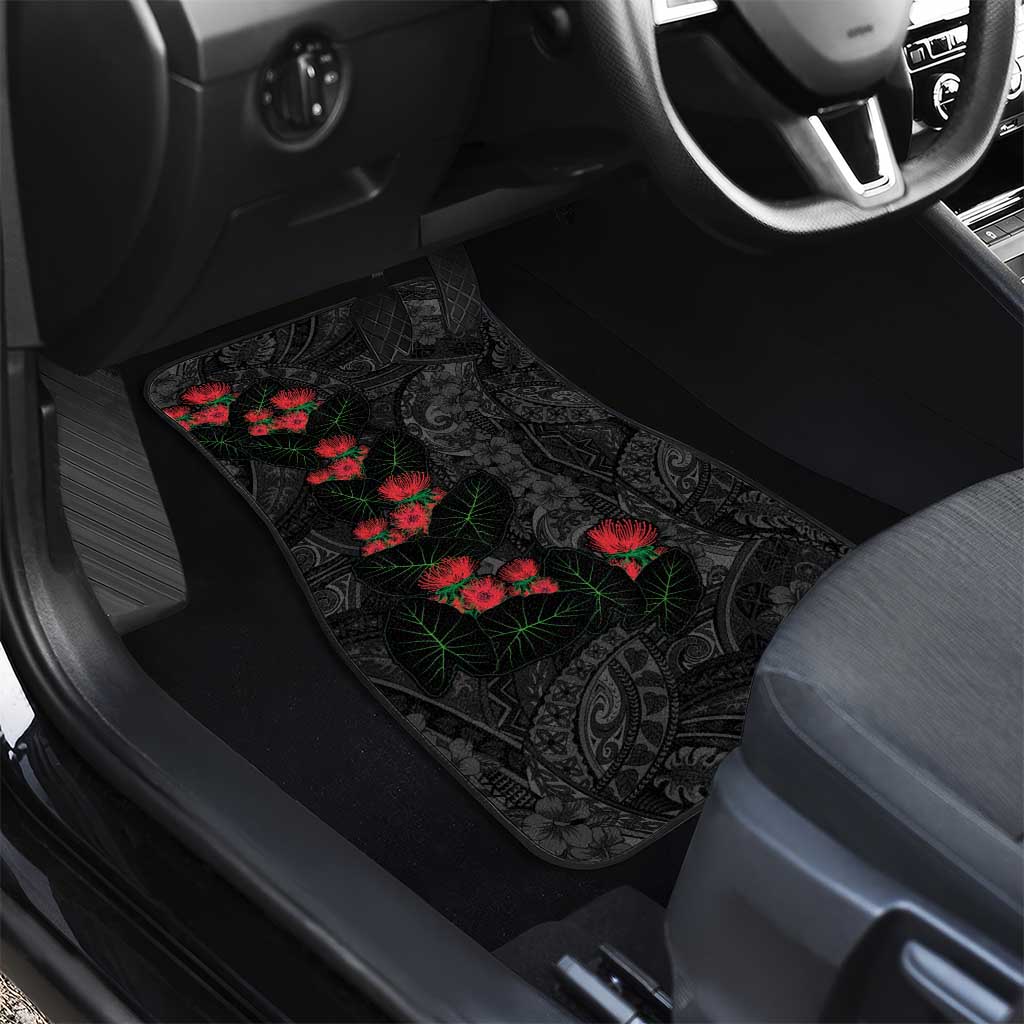 Hawaiian Taro Leaves and Ohia Lehua Car Mats Polynesian Tribal Art Tropical Plants Motifs Grayscale