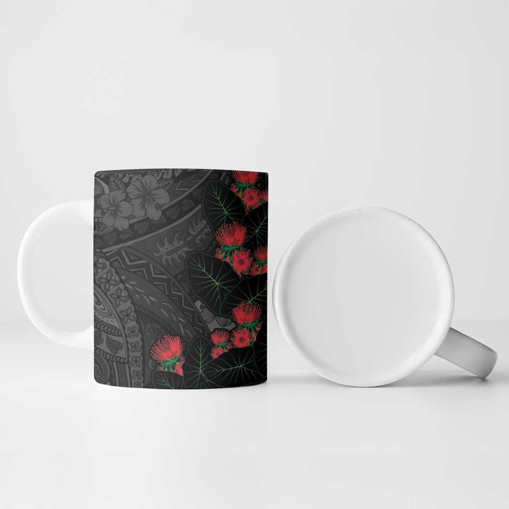 Hawaiian Taro Leaves and Ohia Lehua Ceramic Mug Polynesian Tribal Art Tropical Plants Motifs Grayscale LT03 - Polynesian Pride
