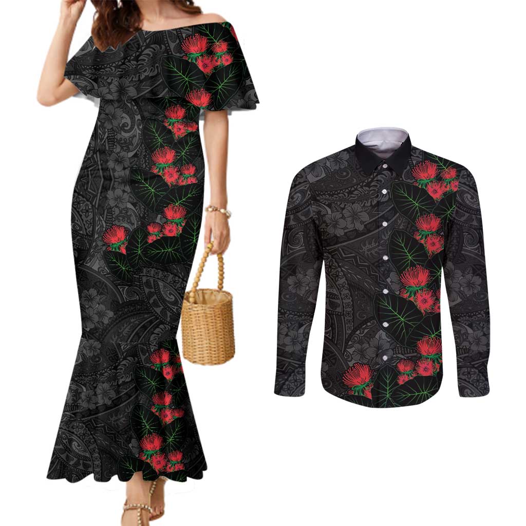 Hawaiian Taro Leaves and Ohia Lehua Couples Matching Mermaid Dress and Long Sleeve Button Shirt Polynesian Tribal Art Tropical Plants Motifs Grayscale LT03 Multicolor - Polynesian Pride