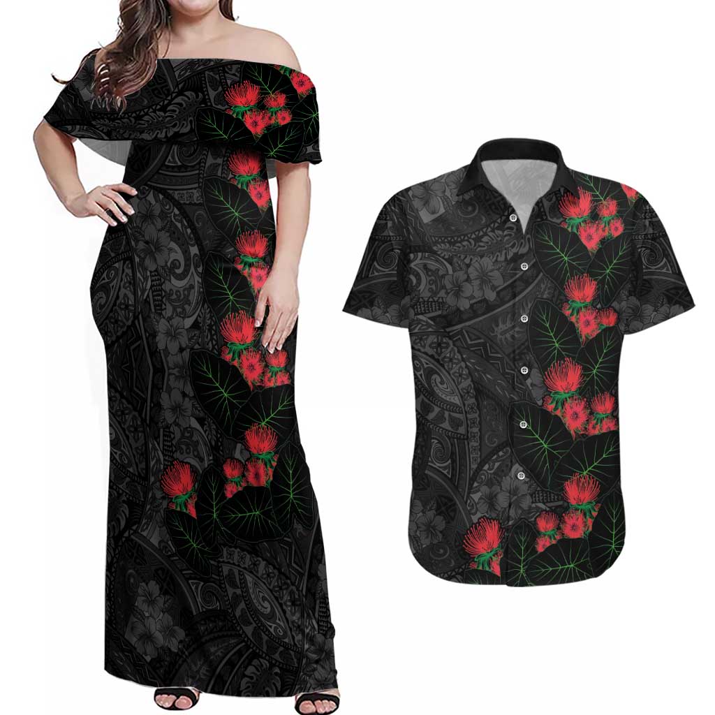 Hawaiian Taro Leaves and Ohia Lehua Couples Matching Off Shoulder Maxi Dress and Hawaiian Shirt Polynesian Tribal Art Tropical Plants Motifs Grayscale LT03 Multicolor - Polynesian Pride