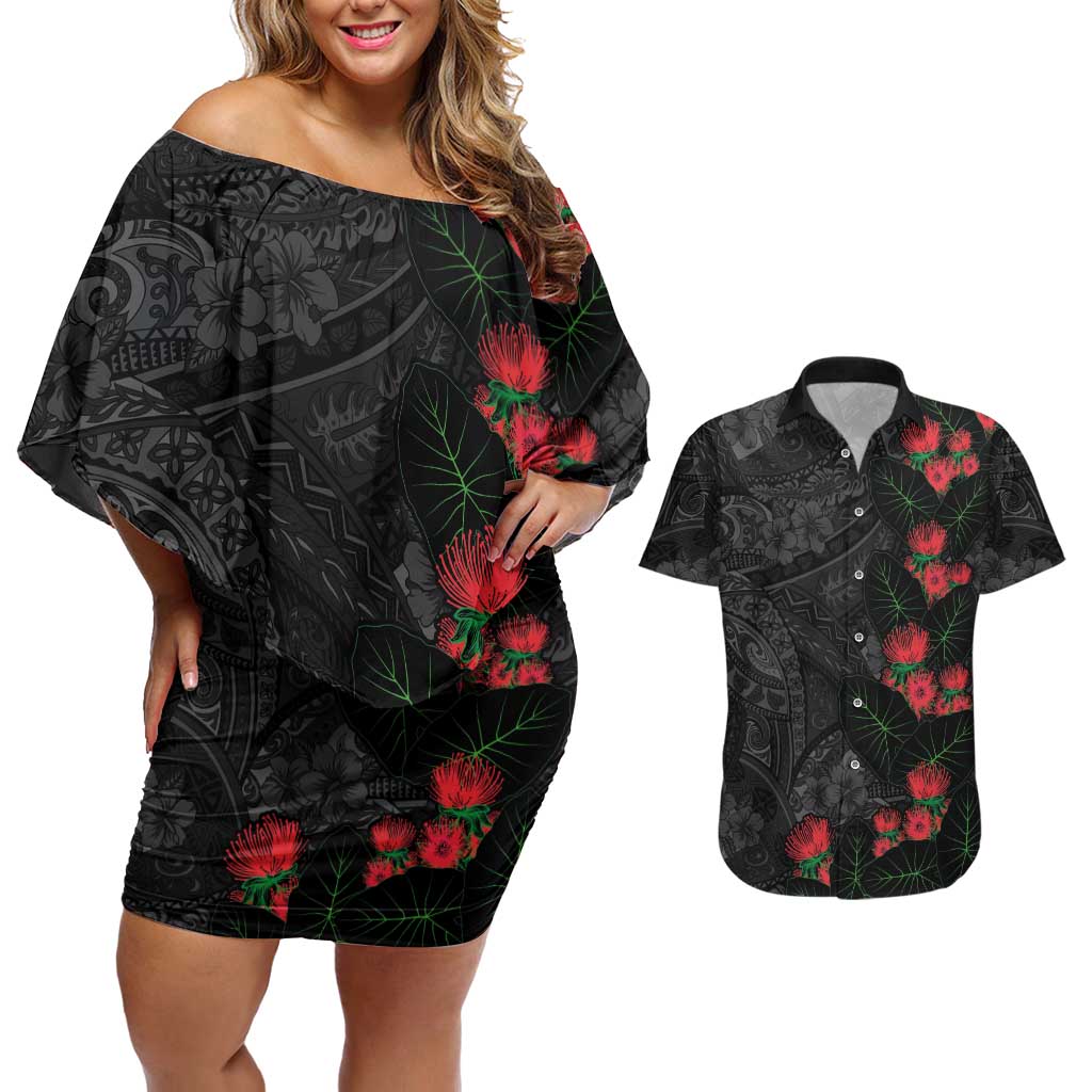 Hawaiian Taro Leaves and Ohia Lehua Couples Matching Off Shoulder Short Dress and Hawaiian Shirt Polynesian Tribal Art Tropical Plants Motifs Grayscale LT03 Multicolor - Polynesian Pride