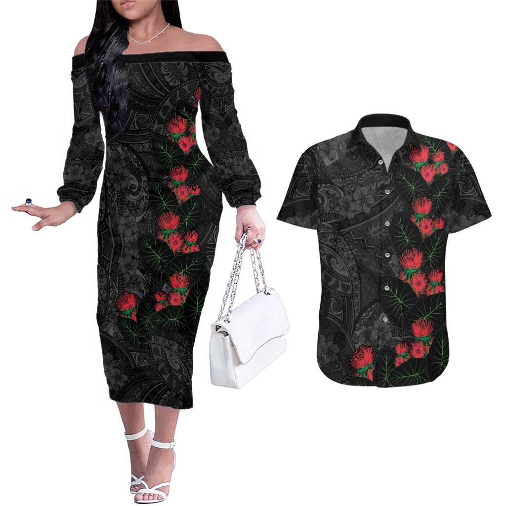 Hawaiian Taro Leaves and Ohia Lehua Couples Matching Off The Shoulder Long Sleeve Dress and Hawaiian Shirt Polynesian Tribal Art Tropical Plants Motifs Grayscale LT03 Multicolor - Polynesian Pride