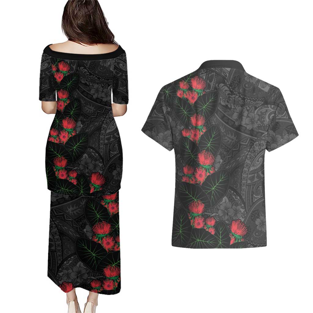 Hawaiian Taro Leaves and Ohia Lehua Couples Matching Puletasi and Hawaiian Shirt Polynesian Tribal Art Tropical Plants Motifs Grayscale LT03 - Polynesian Pride