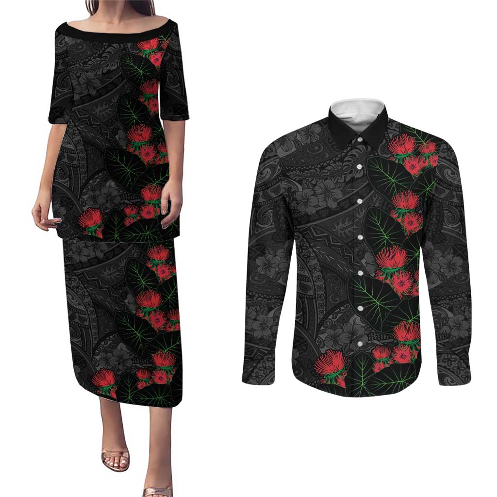 Hawaiian Taro Leaves and Ohia Lehua Couples Matching Puletasi and Long Sleeve Button Shirt Polynesian Tribal Art Tropical Plants Motifs Grayscale