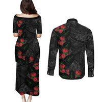 Hawaiian Taro Leaves and Ohia Lehua Couples Matching Puletasi and Long Sleeve Button Shirt Polynesian Tribal Art Tropical Plants Motifs Grayscale