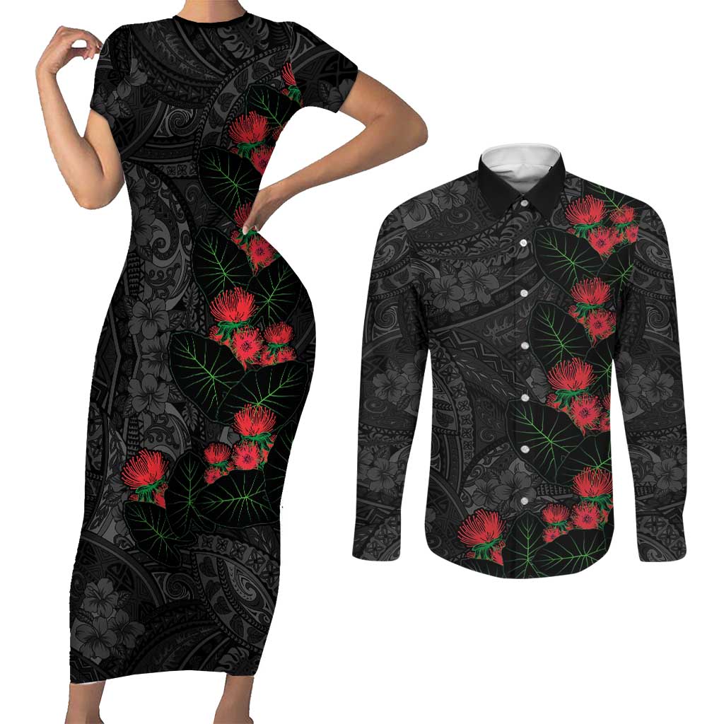 Hawaiian Taro Leaves and Ohia Lehua Couples Matching Short Sleeve Bodycon Dress and Long Sleeve Button Shirt Polynesian Tribal Art Tropical Plants Motifs Grayscale LT03 Multicolor - Polynesian Pride