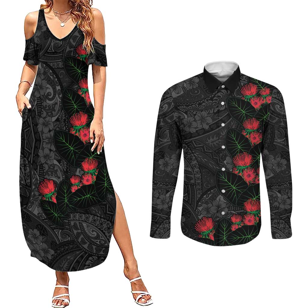 Hawaiian Taro Leaves and Ohia Lehua Couples Matching Summer Maxi Dress and Long Sleeve Button Shirt Polynesian Tribal Art Tropical Plants Motifs Grayscale LT03 Multicolor - Polynesian Pride