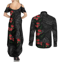 Hawaiian Taro Leaves and Ohia Lehua Couples Matching Summer Maxi Dress and Long Sleeve Button Shirt Polynesian Tribal Art Tropical Plants Motifs Grayscale LT03 - Polynesian Pride