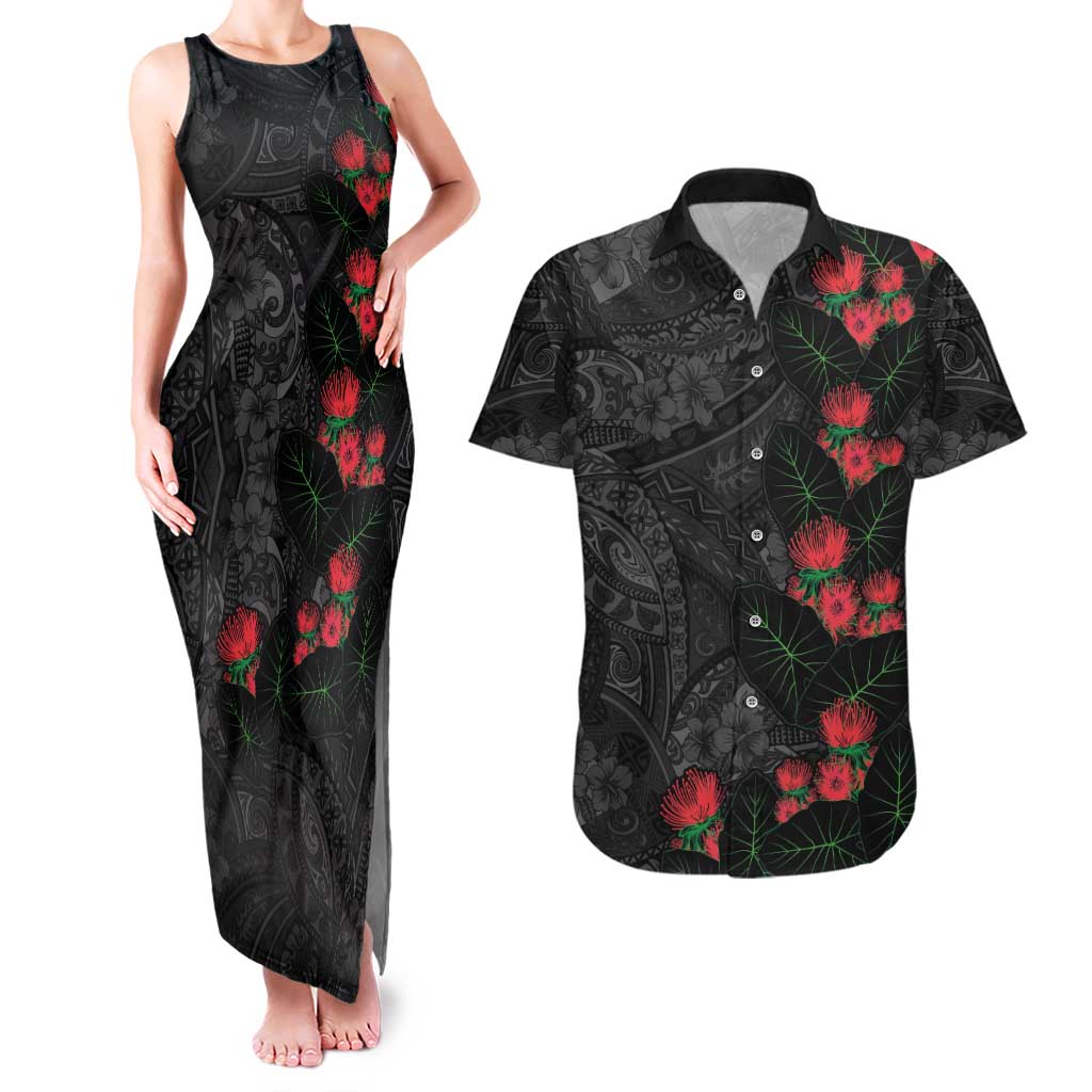 Hawaiian Taro Leaves and Ohia Lehua Couples Matching Tank Maxi Dress and Hawaiian Shirt Polynesian Tribal Art Tropical Plants Motifs Grayscale LT03 Multicolor - Polynesian Pride