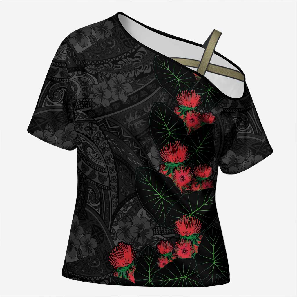 Hawaiian Taro Leaves and Ohia Lehua Cross Shoulder Shirt Polynesian Tribal Art Tropical Plants Motifs Grayscale