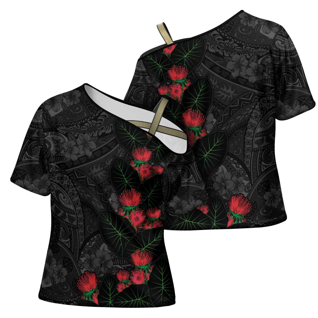 Hawaiian Taro Leaves and Ohia Lehua Cross Shoulder Shirt Polynesian Tribal Art Tropical Plants Motifs Grayscale