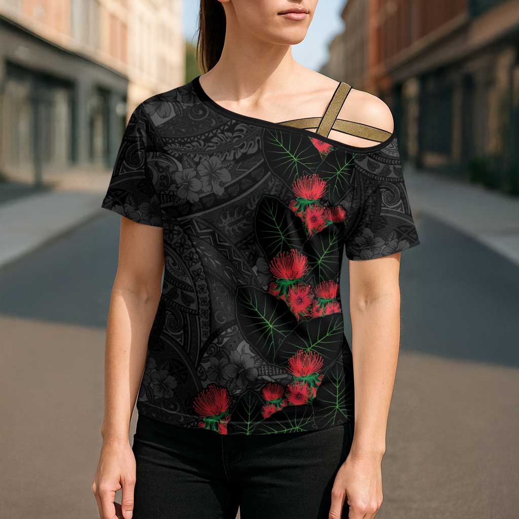 Hawaiian Taro Leaves and Ohia Lehua Cross Shoulder Shirt Polynesian Tribal Art Tropical Plants Motifs Grayscale