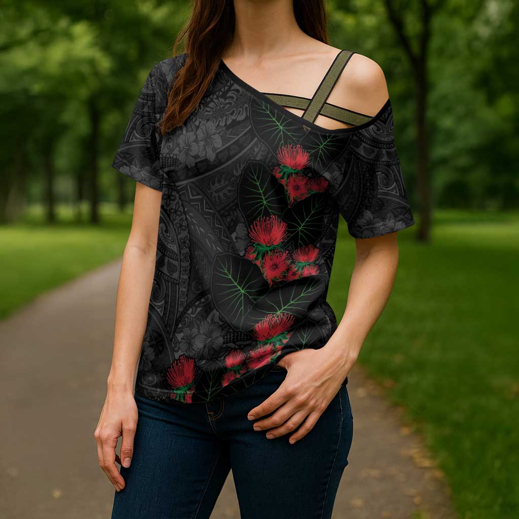Hawaiian Taro Leaves and Ohia Lehua Cross Shoulder Shirt Polynesian Tribal Art Tropical Plants Motifs Grayscale