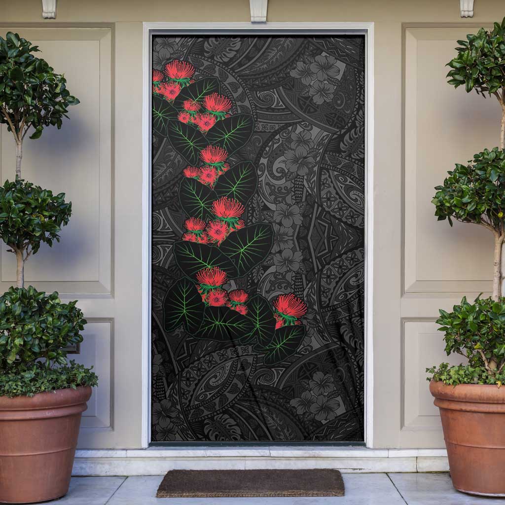 Hawaiian Taro Leaves and Ohia Lehua Door Cover Polynesian Tribal Art Tropical Plants Motifs Grayscale LT03 Multicolor - Polynesian Pride