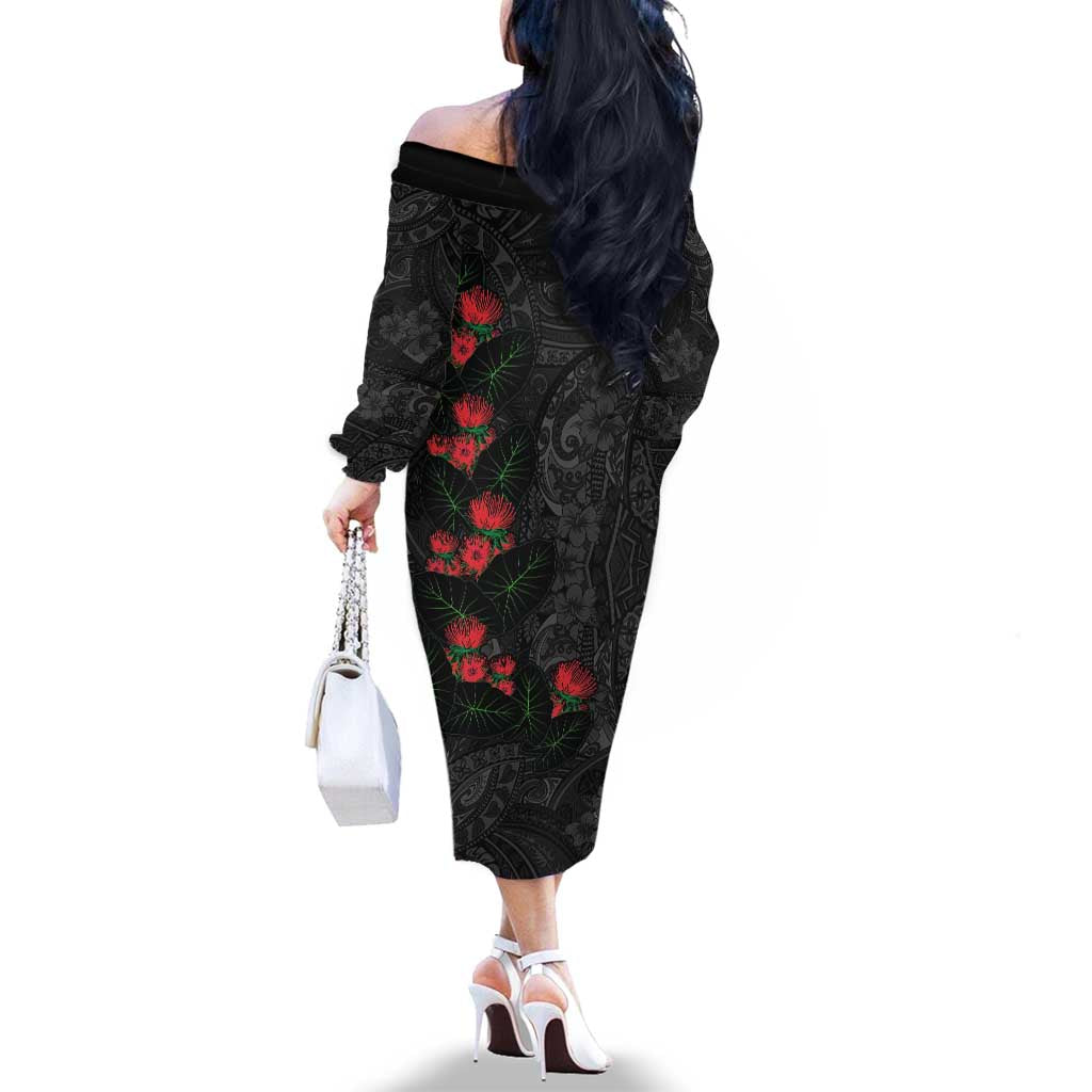 Hawaiian Taro Leaves and Ohia Lehua Family Matching Off The Shoulder Long Sleeve Dress and Hawaiian Shirt Polynesian Tribal Art Tropical Plants Motifs Grayscale LT03 - Polynesian Pride