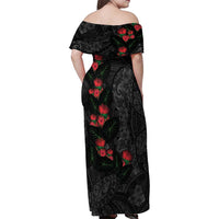 Hawaiian Taro Leaves and Ohia Lehua Family Matching Off Shoulder Maxi Dress and Hawaiian Shirt Polynesian Tribal Art Tropical Plants Motifs Grayscale LT03 - Polynesian Pride