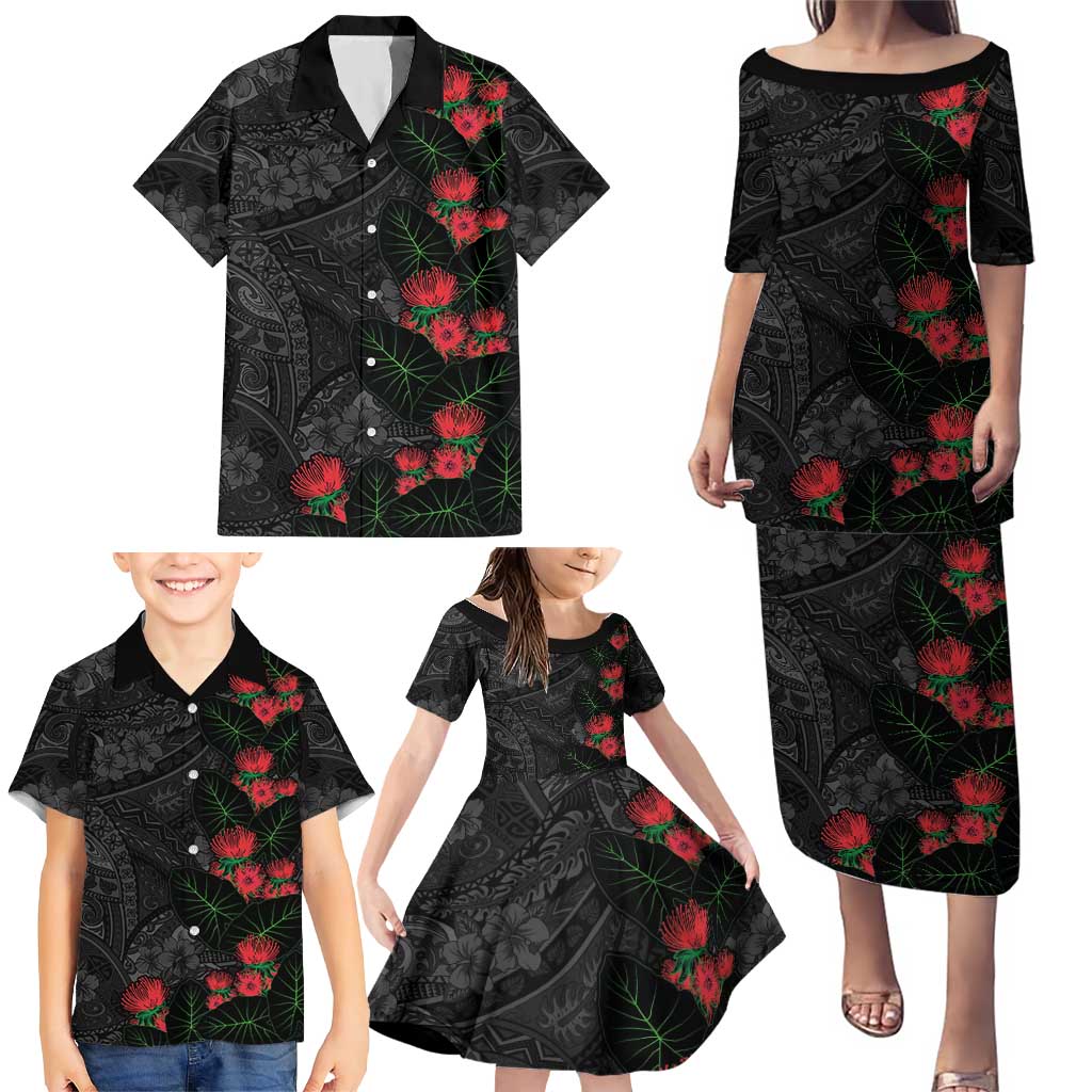 Hawaiian Taro Leaves and Ohia Lehua Family Matching Puletasi and Hawaiian Shirt Polynesian Tribal Art Tropical Plants Motifs Grayscale LT03 - Polynesian Pride