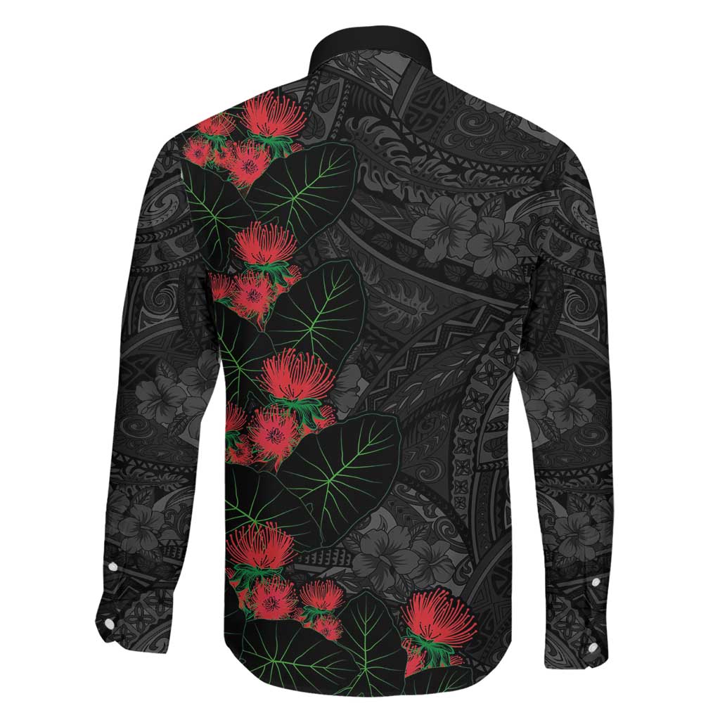 Hawaiian Taro Leaves and Ohia Lehua Family Matching Puletasi and Hawaiian Shirt Polynesian Tribal Art Tropical Plants Motifs Grayscale LT03 - Polynesian Pride