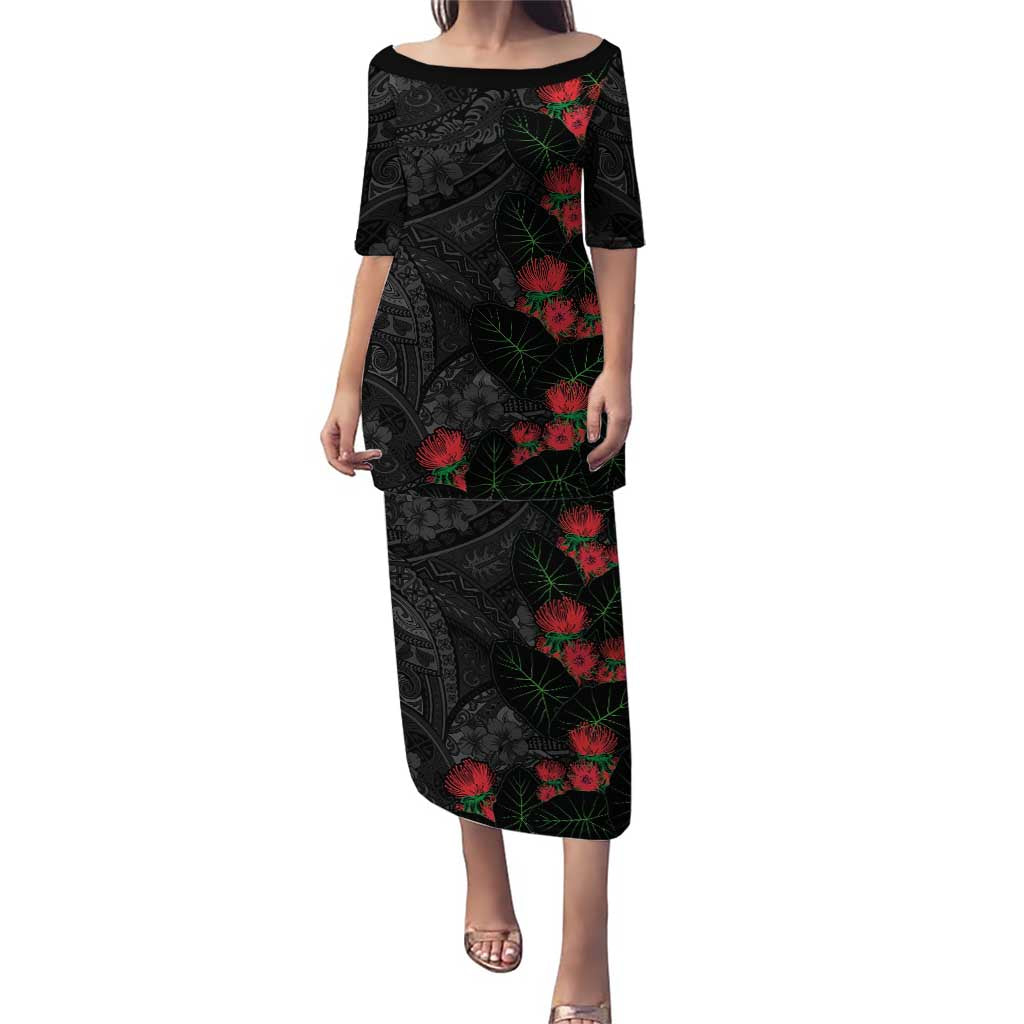 Hawaiian Taro Leaves and Ohia Lehua Family Matching Puletasi and Hawaiian Shirt Polynesian Tribal Art Tropical Plants Motifs Grayscale LT03 Mom's Dress Multicolor - Polynesian Pride