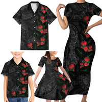 Hawaiian Taro Leaves and Ohia Lehua Family Matching Short Sleeve Bodycon Dress and Hawaiian Shirt Polynesian Tribal Art Tropical Plants Motifs Grayscale LT03 - Polynesian Pride
