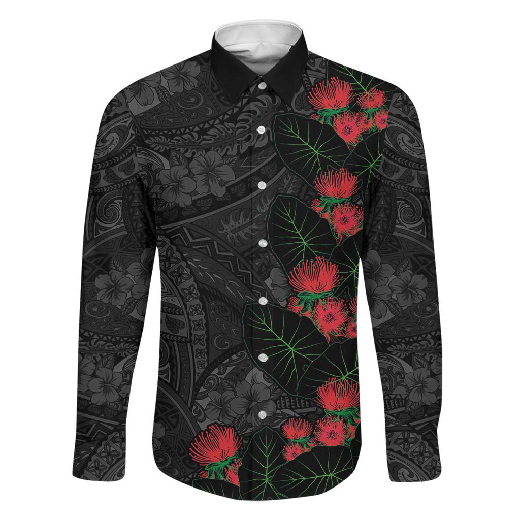 Hawaiian Taro Leaves and Ohia Lehua Family Matching Short Sleeve Bodycon Dress and Hawaiian Shirt Polynesian Tribal Art Tropical Plants Motifs Grayscale LT03 Dad's Shirt - Long Sleeve Multicolor - Polynesian Pride