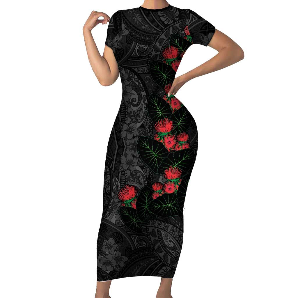 Hawaiian Taro Leaves and Ohia Lehua Family Matching Short Sleeve Bodycon Dress and Hawaiian Shirt Polynesian Tribal Art Tropical Plants Motifs Grayscale LT03 Mom's Dress Multicolor - Polynesian Pride