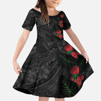 Hawaiian Taro Leaves and Ohia Lehua Family Matching Summer Maxi Dress and Hawaiian Shirt Polynesian Tribal Art Tropical Plants Motifs Grayscale LT03 Daughter's Dress Multicolor - Polynesian Pride
