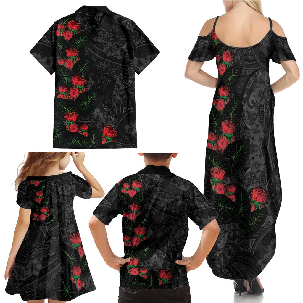 Hawaiian Taro Leaves and Ohia Lehua Family Matching Summer Maxi Dress and Hawaiian Shirt Polynesian Tribal Art Tropical Plants Motifs Grayscale LT03 - Polynesian Pride