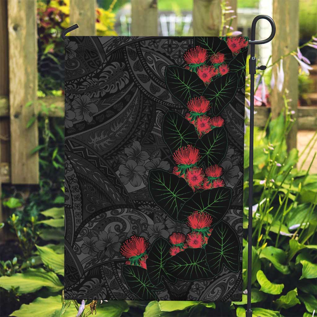 Hawaiian Taro Leaves and Ohia Lehua Garden Flag Polynesian Tribal Art Tropical Plants Motifs Grayscale
