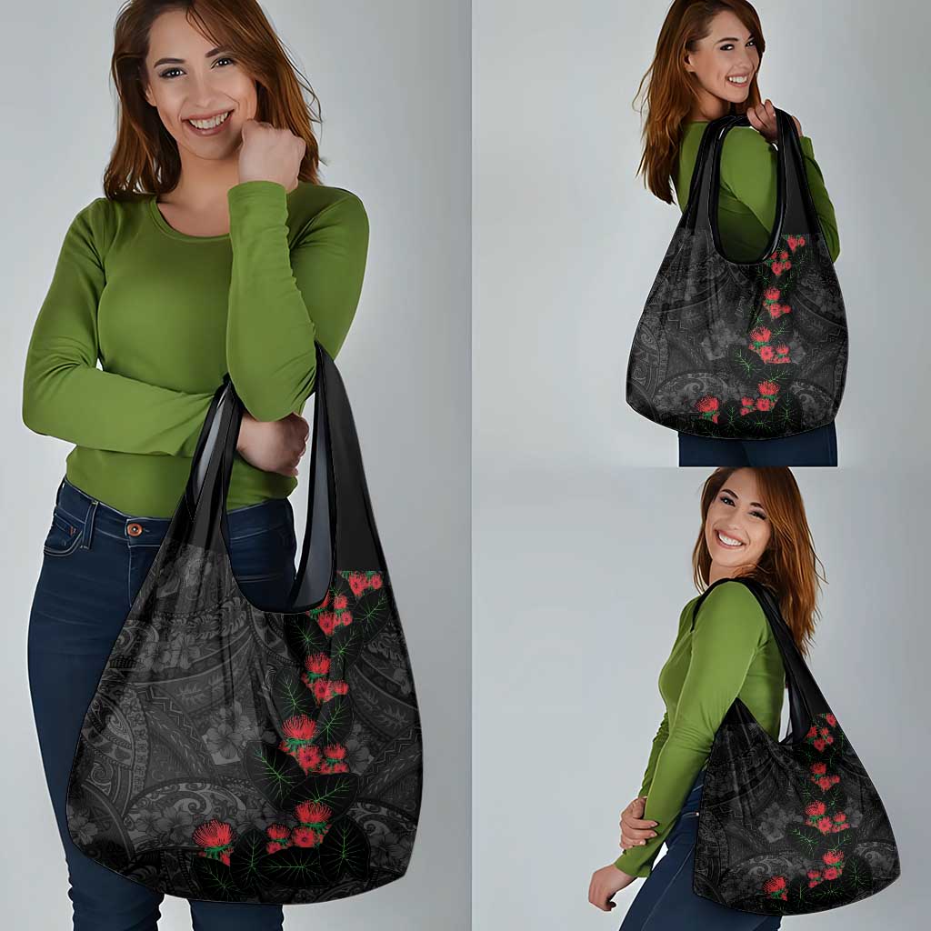 Hawaiian Taro Leaves and Ohia Lehua Grocery Bag Polynesian Tribal Art Tropical Plants Motifs Grayscale