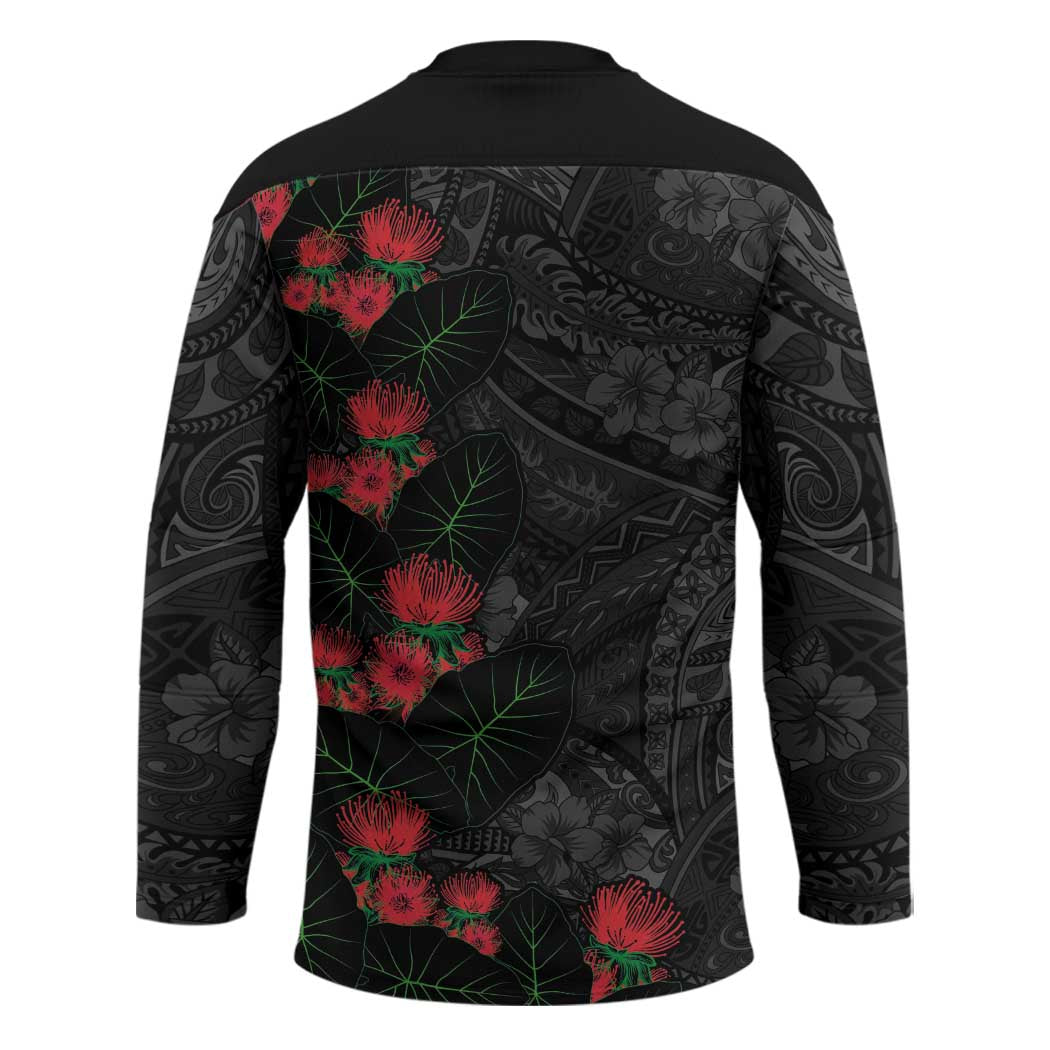 Hawaiian Taro Leaves and Ohia Lehua Hockey Jersey Polynesian Tribal Art Tropical Plants Motifs Grayscale