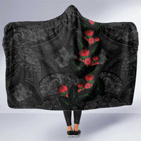 Hawaiian Taro Leaves and Ohia Lehua Hooded Blanket Polynesian Tribal Art Tropical Plants Motifs Grayscale