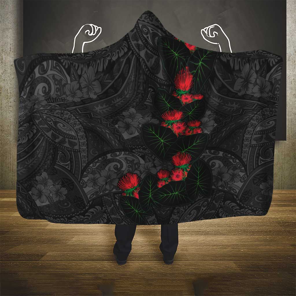 Hawaiian Taro Leaves and Ohia Lehua Hooded Blanket Polynesian Tribal Art Tropical Plants Motifs Grayscale
