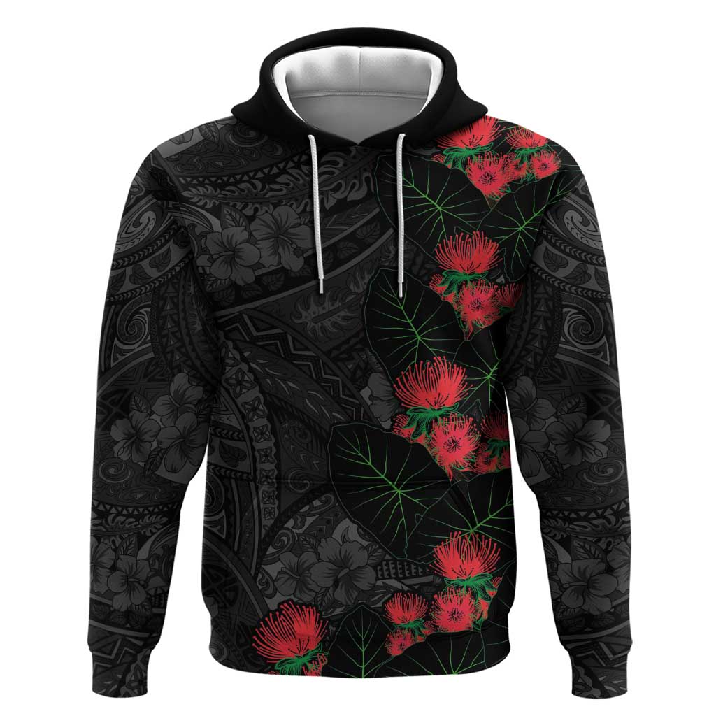 Hawaiian Taro Leaves and Ohia Lehua Hoodie Polynesian Tribal Art Tropical Plants Motifs Grayscale