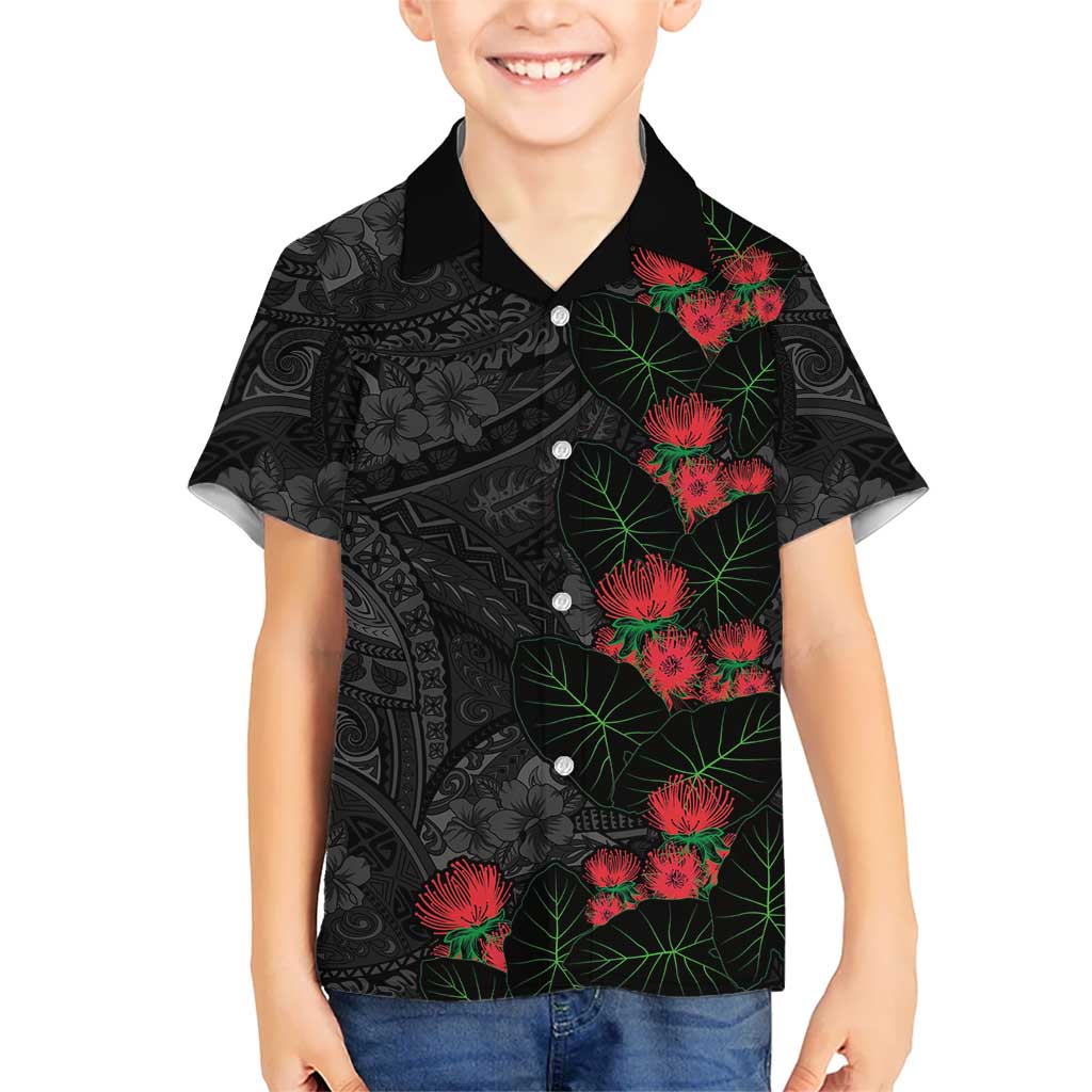 Hawaiian Taro Leaves and Ohia Lehua Kid Hawaiian Shirt Polynesian Tribal Art Tropical Plants Motifs Grayscale
