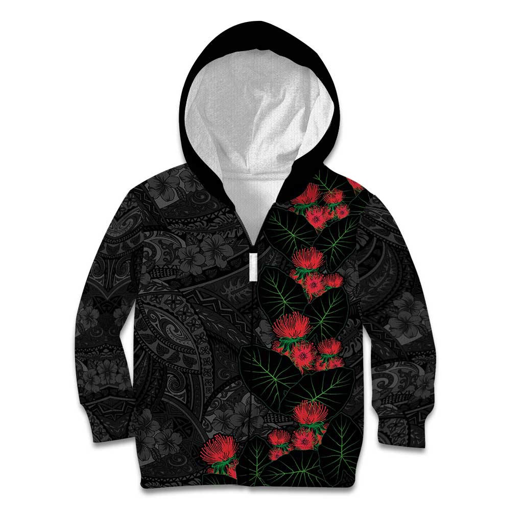 Hawaiian Taro Leaves and Ohia Lehua Kid Hoodie Polynesian Tribal Art Tropical Plants Motifs Grayscale