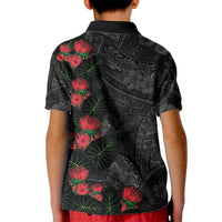 Hawaiian Taro Leaves and Ohia Lehua Kid Polo Shirt Polynesian Tribal Art Tropical Plants Motifs Grayscale LT03 - Polynesian Pride