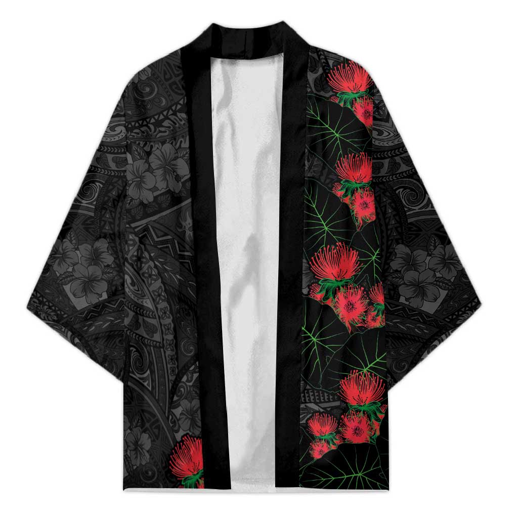 Hawaiian Taro Leaves and Ohia Lehua Kimono Polynesian Tribal Art Tropical Plants Motifs Grayscale LT03 Unisex Multicolor - Polynesian Pride