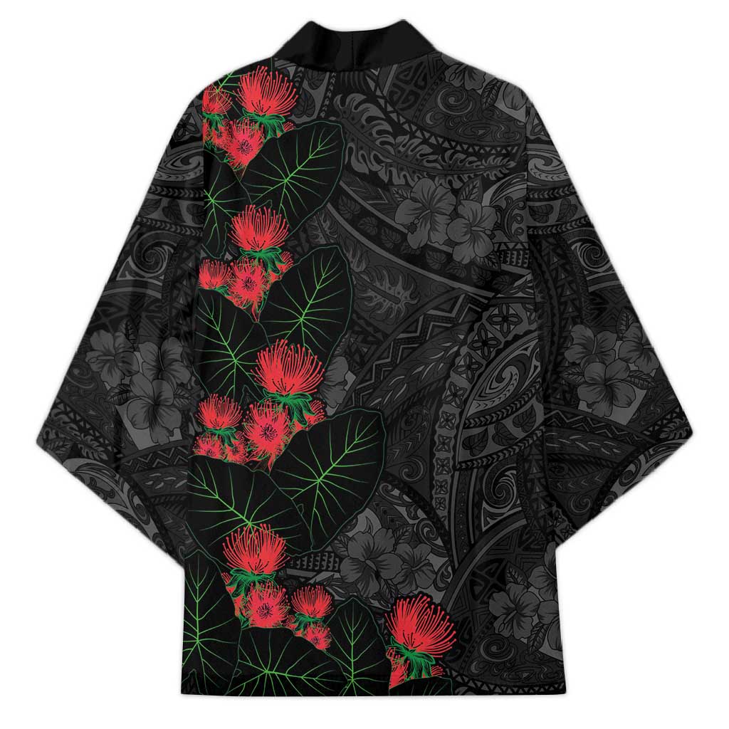Hawaiian Taro Leaves and Ohia Lehua Kimono Polynesian Tribal Art Tropical Plants Motifs Grayscale LT03 - Polynesian Pride