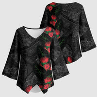 Hawaiian Taro Leaves and Ohia Lehua Kimono Sleeve Blouse Polynesian Tribal Art Tropical Plants Motifs Grayscale
