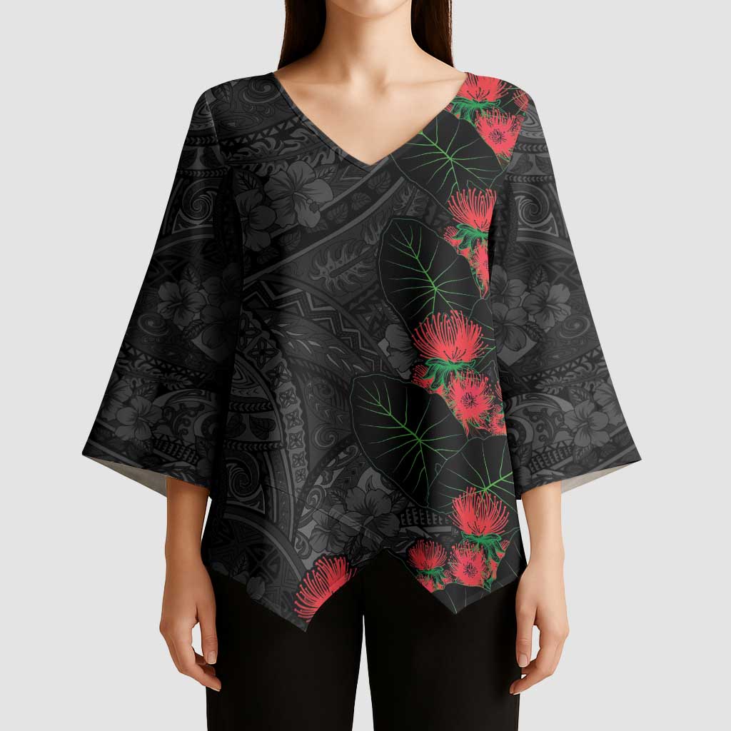Hawaiian Taro Leaves and Ohia Lehua Kimono Sleeve Blouse Polynesian Tribal Art Tropical Plants Motifs Grayscale