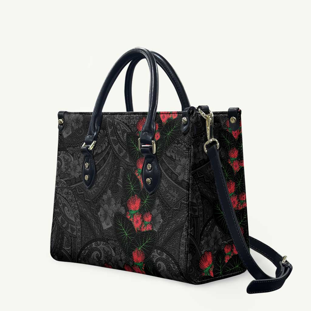 Hawaiian Taro Leaves and Ohia Lehua Leather Bag Polynesian Tribal Art Tropical Plants Motifs Grayscale LT03 Multicolor - Polynesian Pride