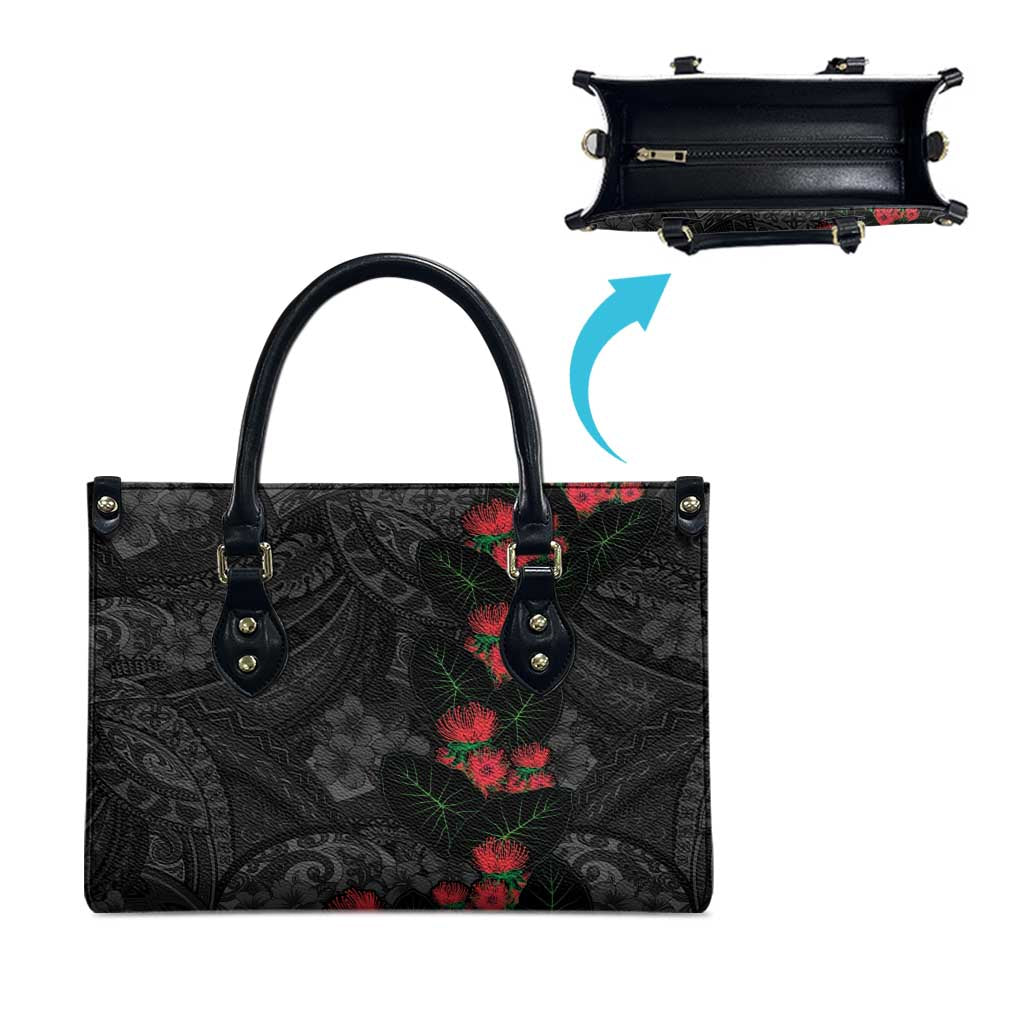 Hawaiian Taro Leaves and Ohia Lehua Leather Bag Polynesian Tribal Art Tropical Plants Motifs Grayscale LT03 - Polynesian Pride