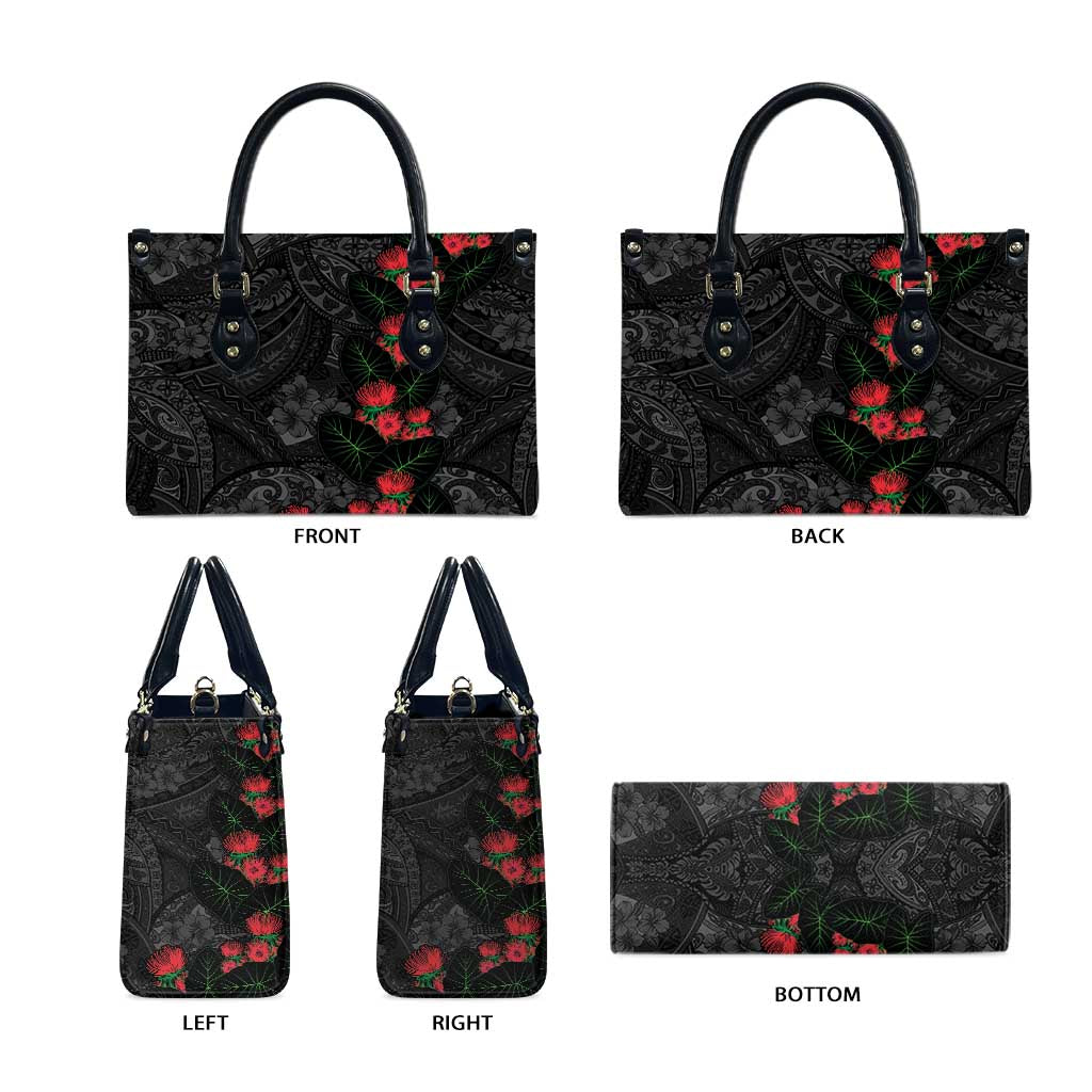 Hawaiian Taro Leaves and Ohia Lehua Leather Bag Polynesian Tribal Art Tropical Plants Motifs Grayscale LT03 - Polynesian Pride