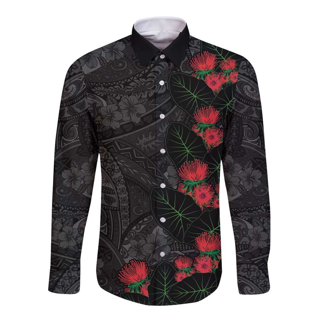 Hawaiian Taro Leaves and Ohia Lehua Long Sleeve Button Shirt Polynesian Tribal Art Tropical Plants Motifs Grayscale