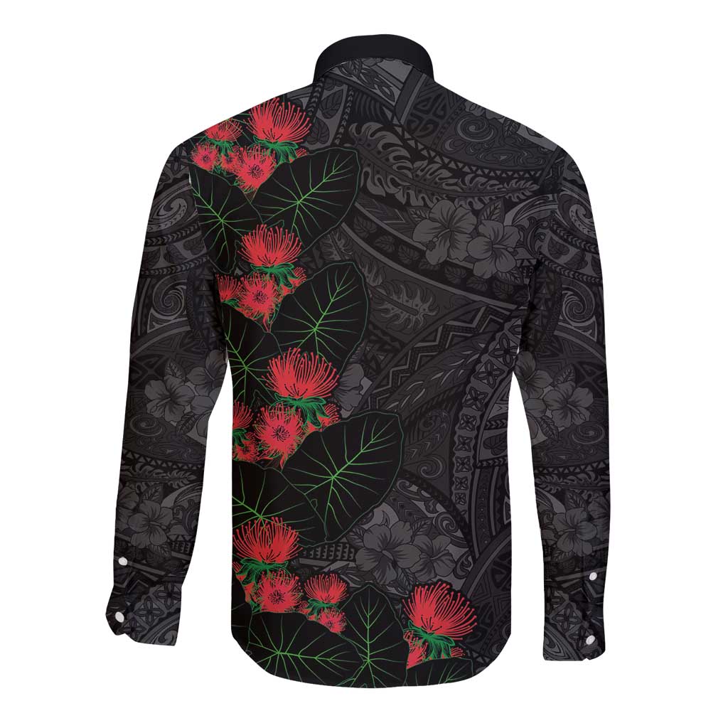 Hawaiian Taro Leaves and Ohia Lehua Long Sleeve Button Shirt Polynesian Tribal Art Tropical Plants Motifs Grayscale